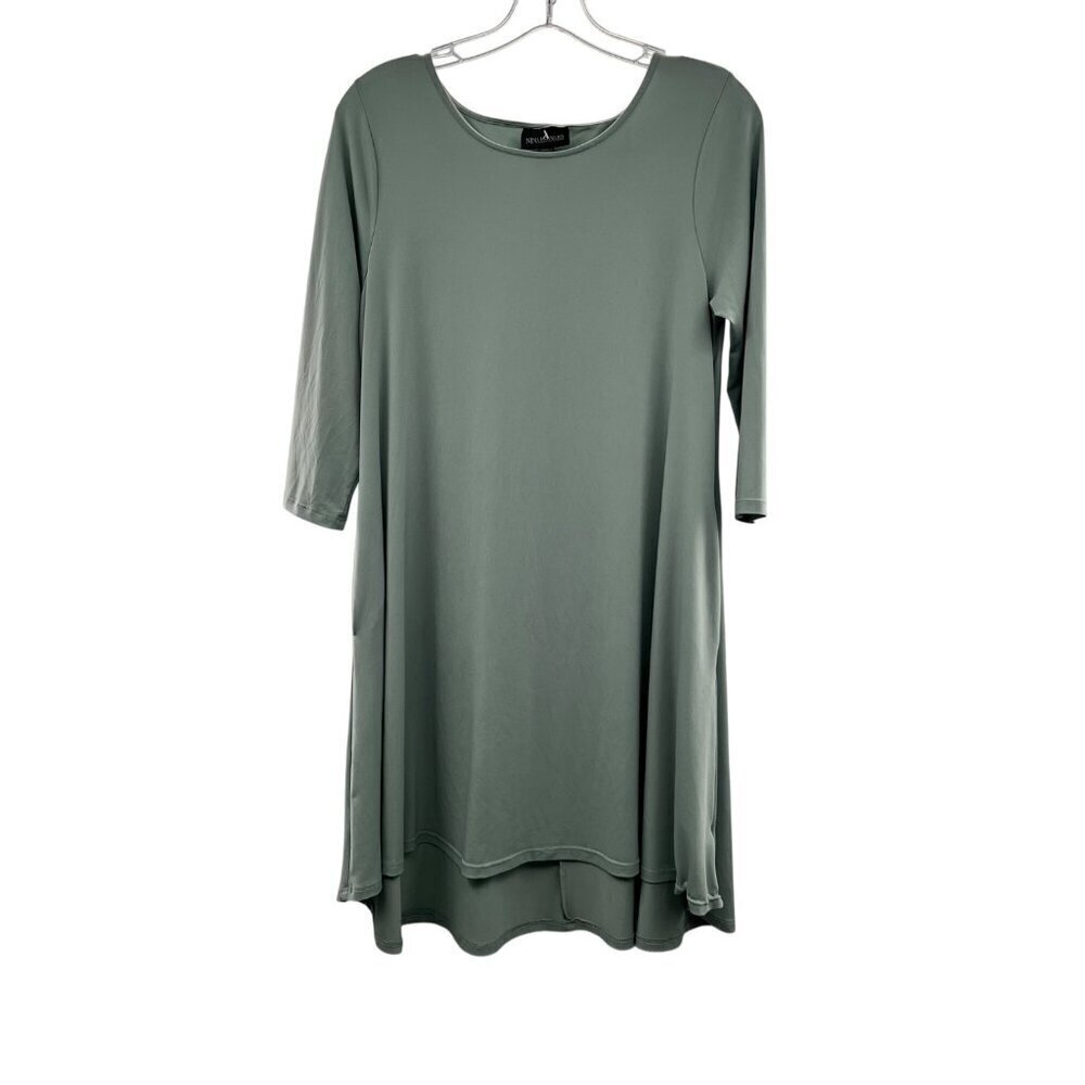 Nina Leonard Women's Green Shift Dress 3/4 Sleeve Size Large Pockets